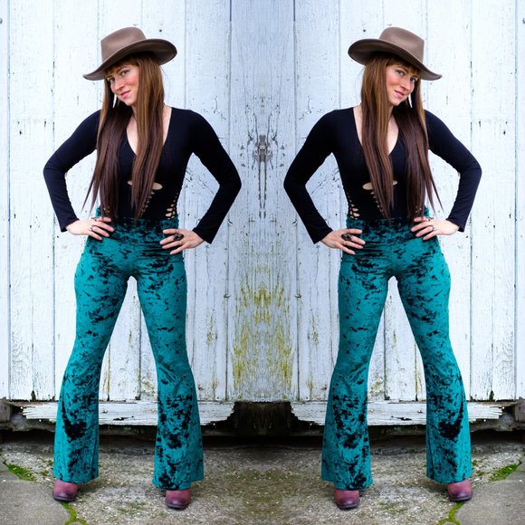 Stylish Teal Velvet Flare Pants - Picture 1 of 6